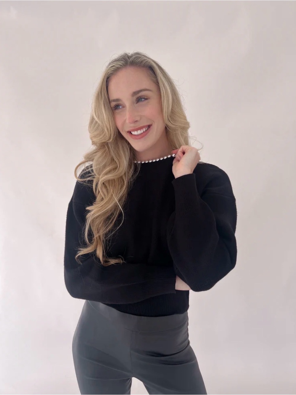 Lucy Paris Carlota Black Knit Sweater with Pearl Trim